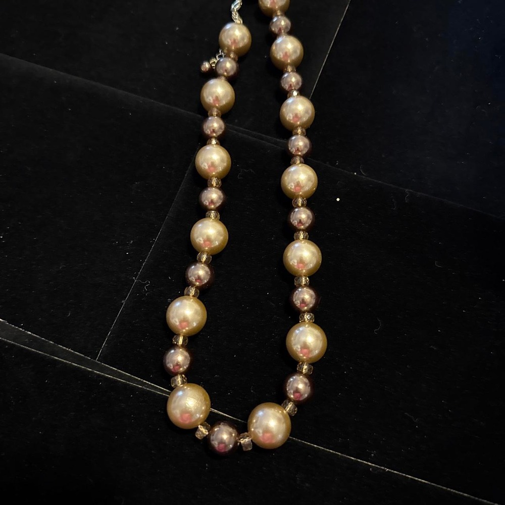 Bronze Brown Beaded Faux Pearl Necklace Metallic Champagne Adjustable Length